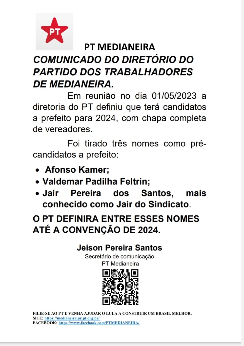 COMUNICADO DO DIRETÓRIO DO PARTIDO DOS TRABALHADORES DE MEDIANEIRA