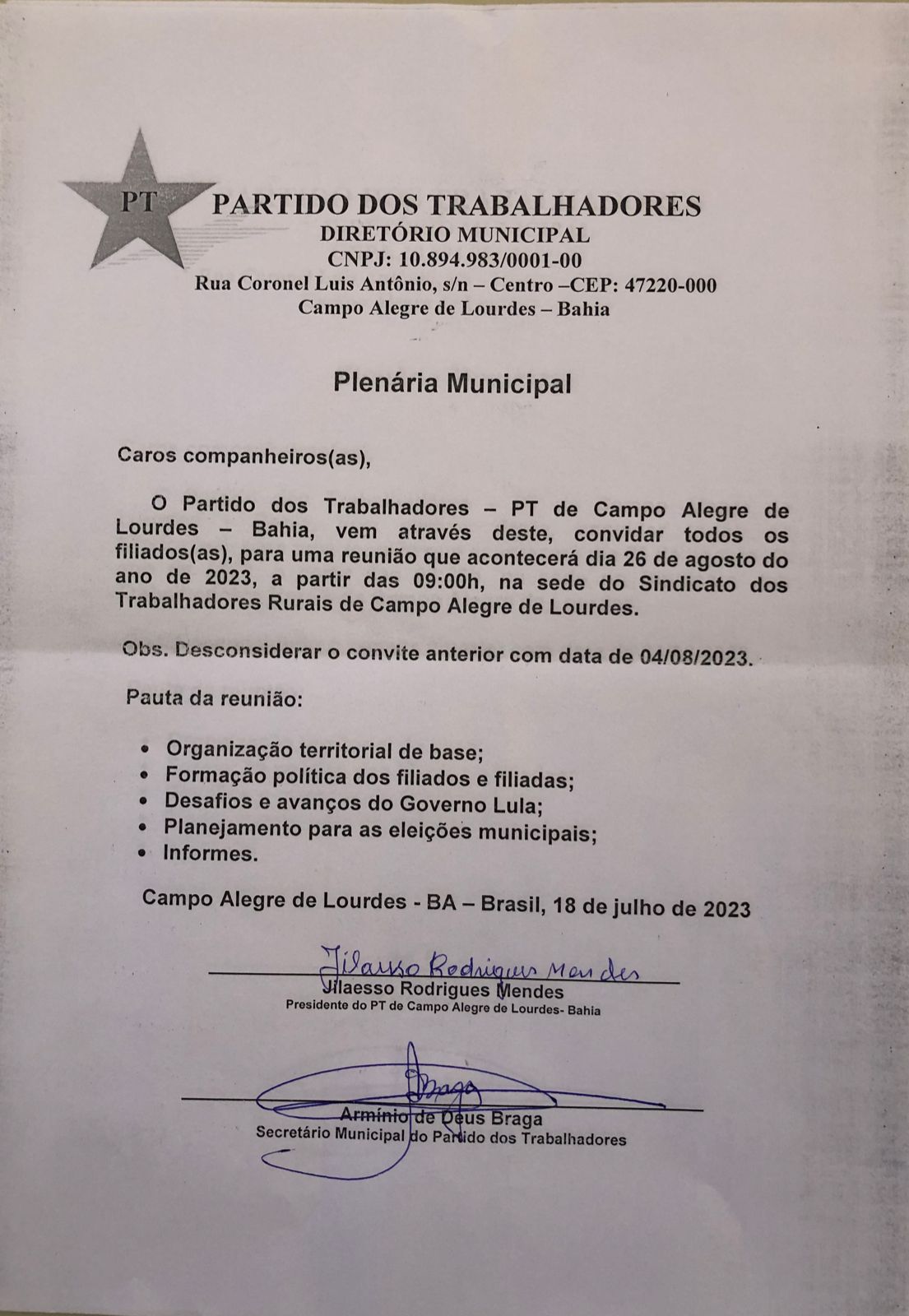 DIRETÓRIO DO PT DE CAMPO ALEGRE DE LOURDES - BA SE REUNE NO DIA 26 DE AGOSTO DE 2023