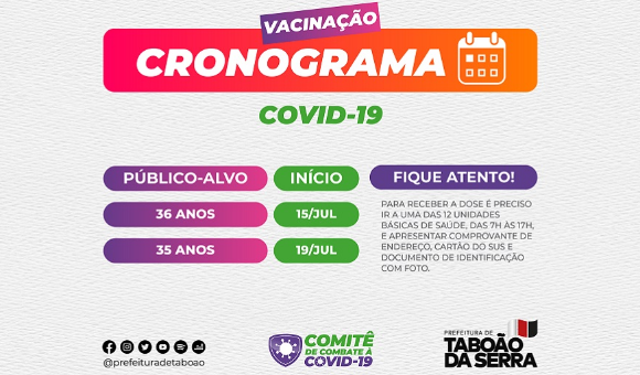 Vacinação contra Covid-19 em pessoas com 36 anos começa nesta quinta (15) em Taboão