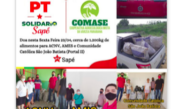 PT de Sapé e Comase doam 1,2 tonelada de alimentos para entidades