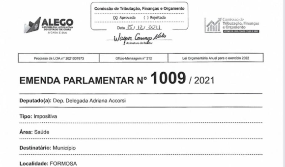 Adriana Accorsi (PT) assegura recursos para o atendimento em saúde em Formosa