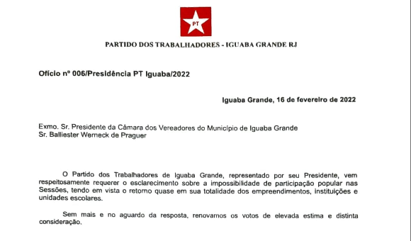 PT Iguaba Grande protocoliza ofício sobre o impedimento da presença do povo nas Sessões da Câmara